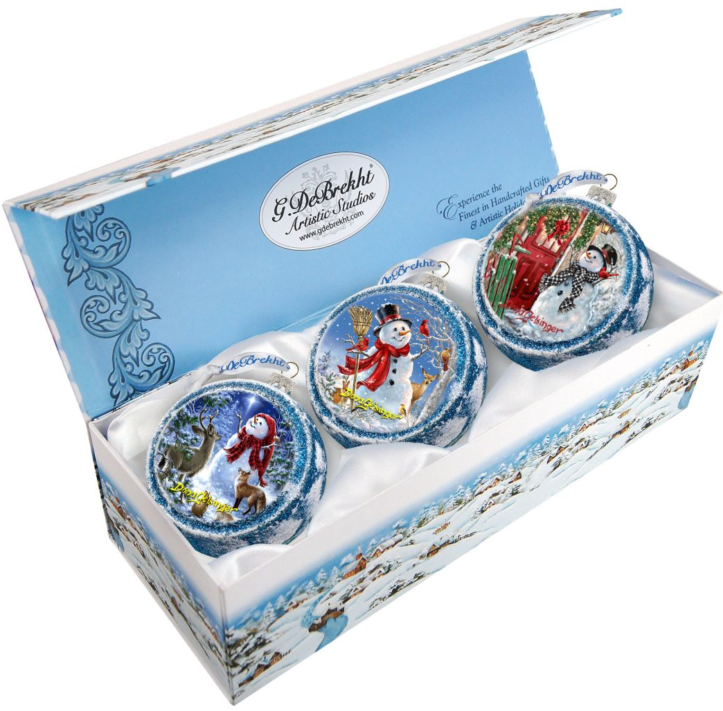 Happy Snowman Glass Ornament Set of 3 by D. Gelsinger - Christmas Santa Snowman Decor - 73743-S3-DG