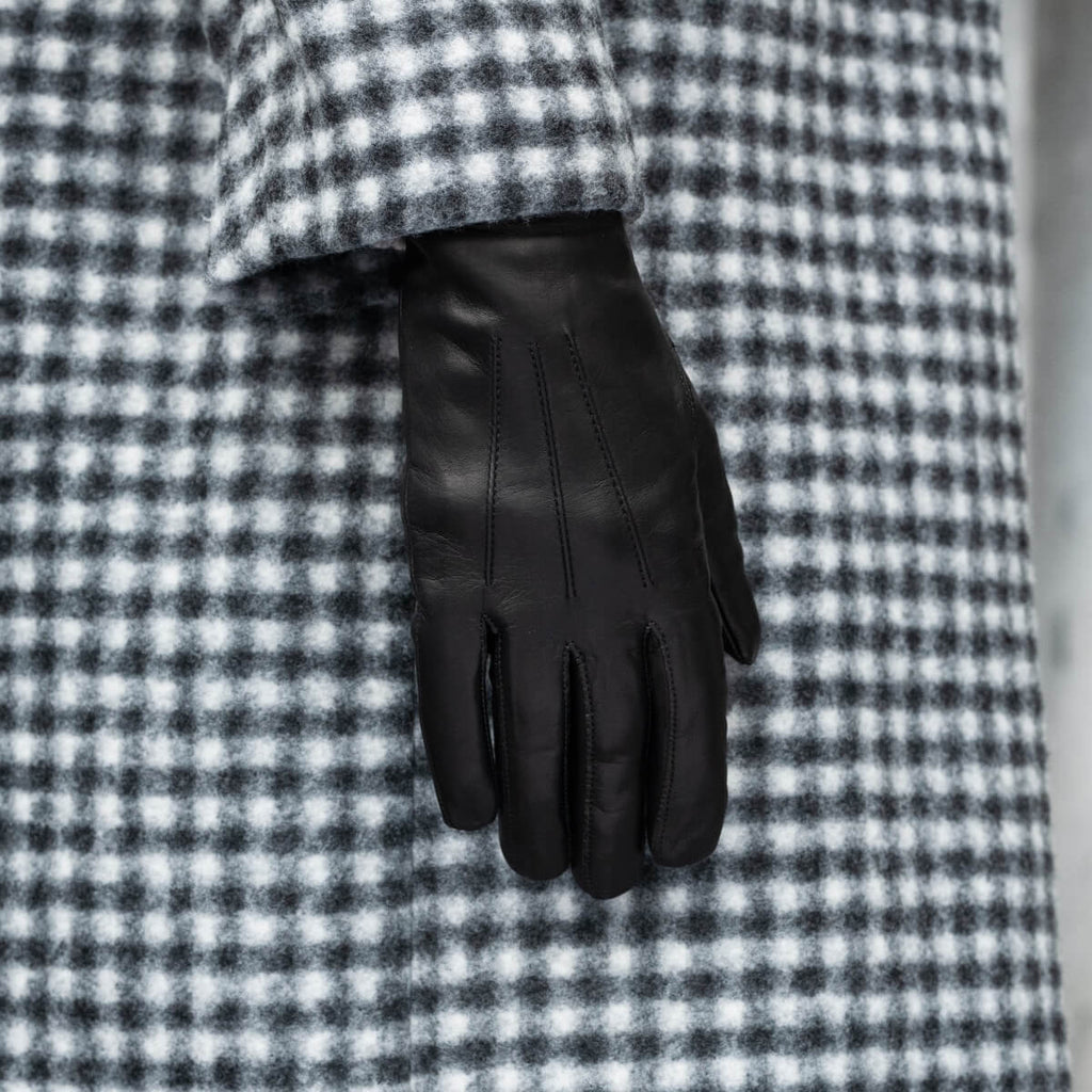 Francesca (black) - Italian lambskin leather gloves with brown rabbit fur lining