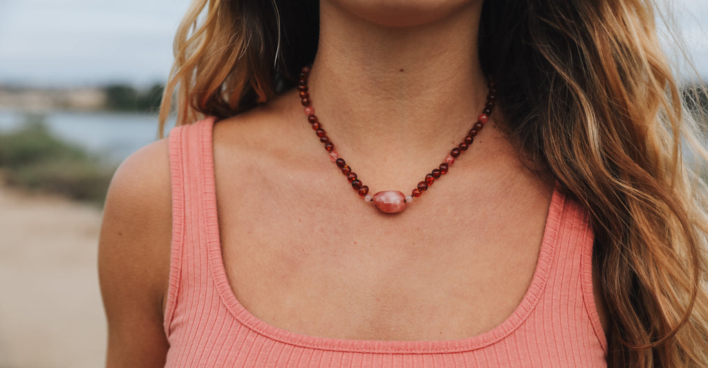 Cognac Baltic Sea Amber || Cherry + Rose Quartz || Necklace