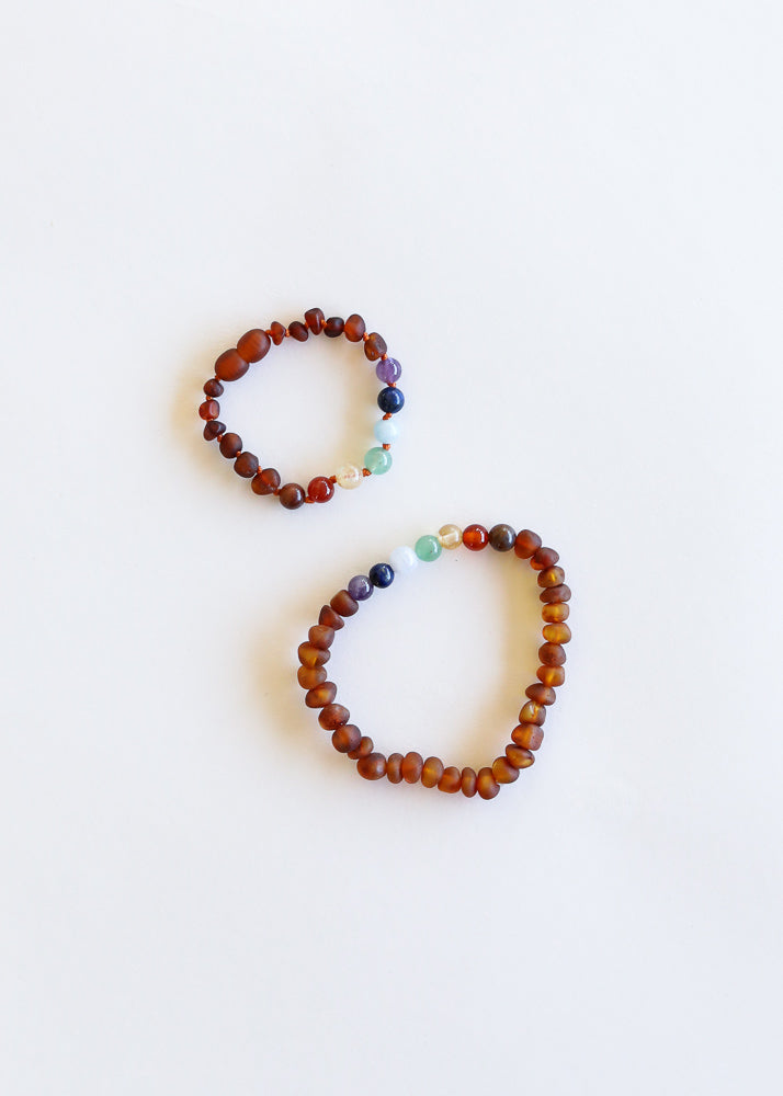 Raw Cognac Baltic Amber + CHAKRA Crystals ||  Bracelet Set