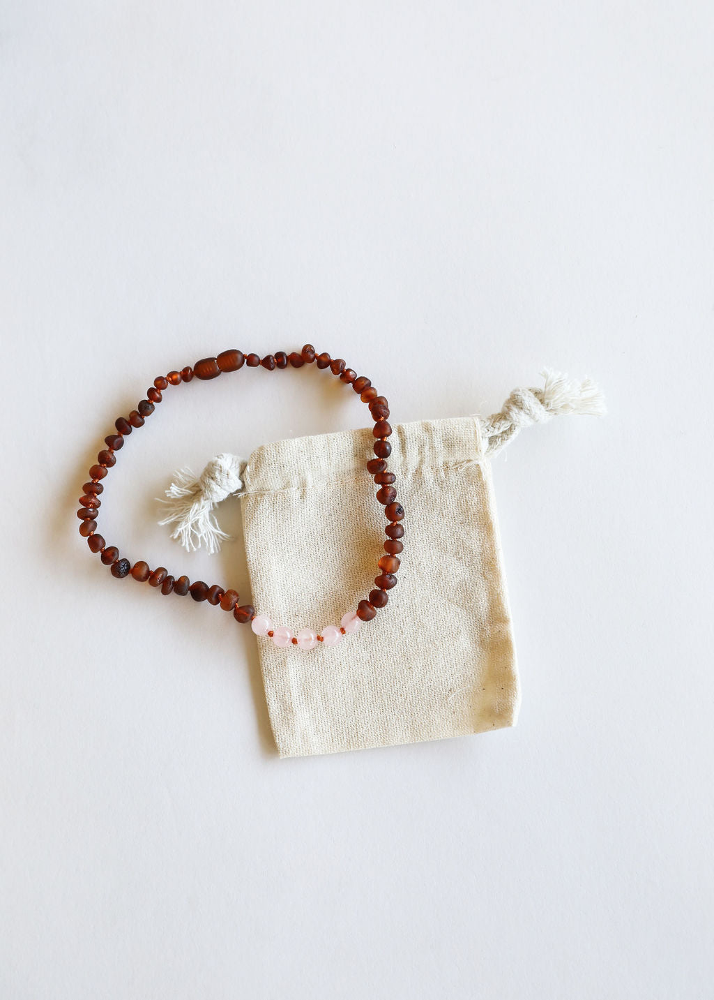 Polished Cognac Baltic Amber + Rose Quartz || Necklace