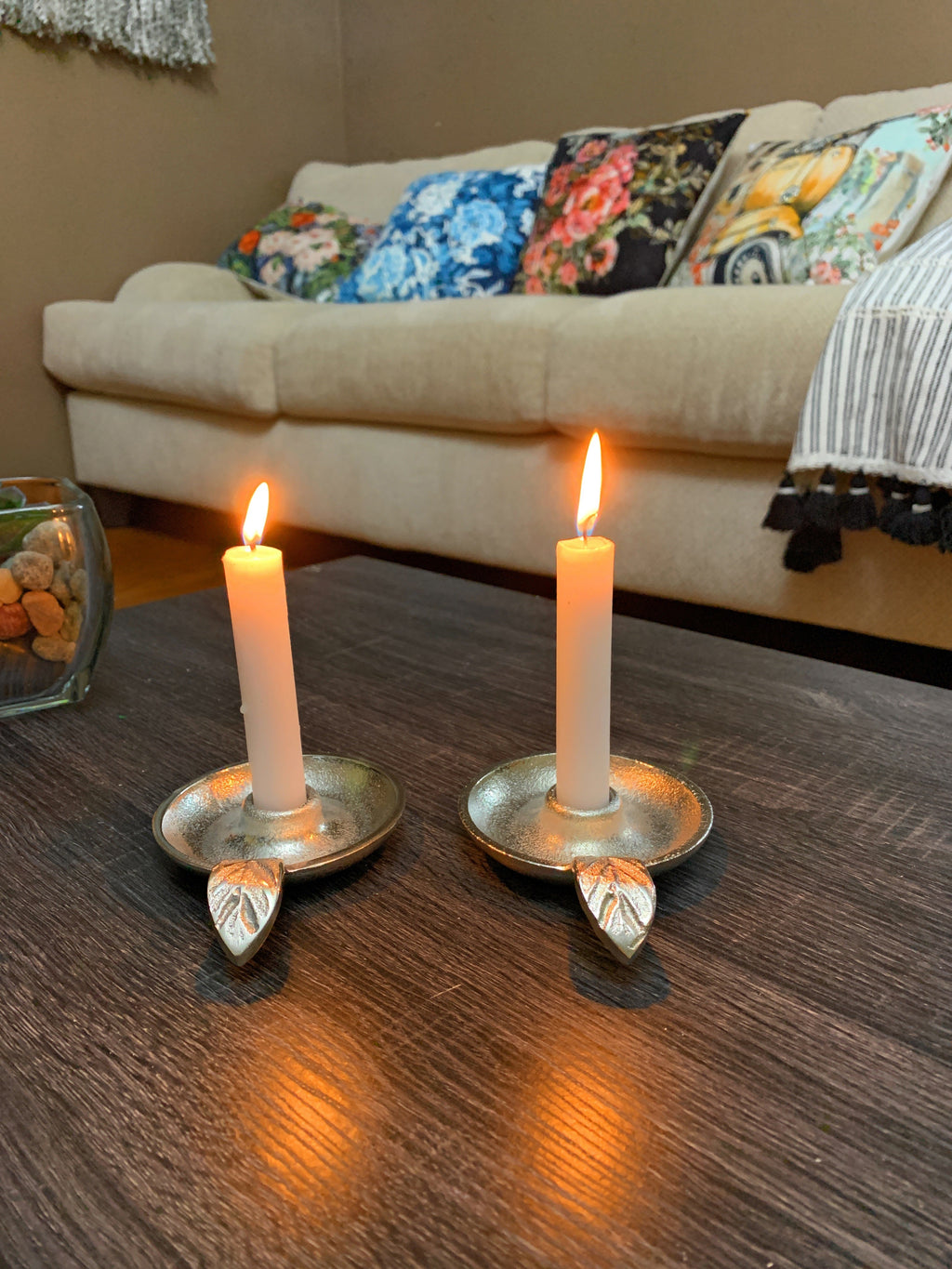 Vibhsa Silver Taper Candlestick Holder Dish | Set of 2, Leaf Handle, Rustic Aluminum