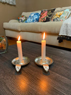 Vibhsa Silver Taper Candlestick Holder Dish | Set of 2, Leaf Handle, Rustic Aluminum