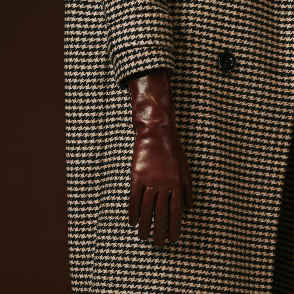 Camilla (brown) - Italian long leather winter gloves with luxurious cashmere lining
