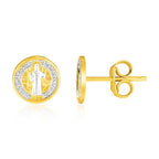14k Two Tone Gold Round Religious Medallion Post Earrings