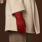 Emilia (red) - Classic Italian lambskin leather gloves with cashmere lining and checkered pattern