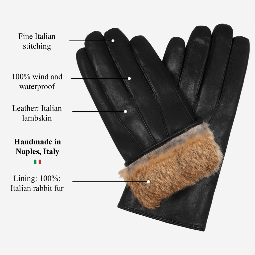 Marco (black) - Italian lambskin leather gloves with brown rabbit fur lining