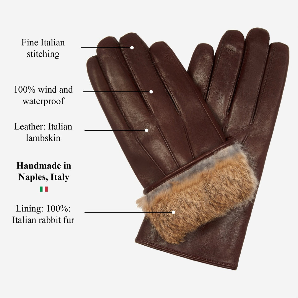 Marco (brown) - Italian lambskin leather gloves with brown rabbit fur lining