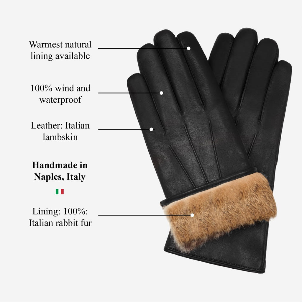 Francesca (black) - Italian lambskin leather gloves with brown rabbit fur lining