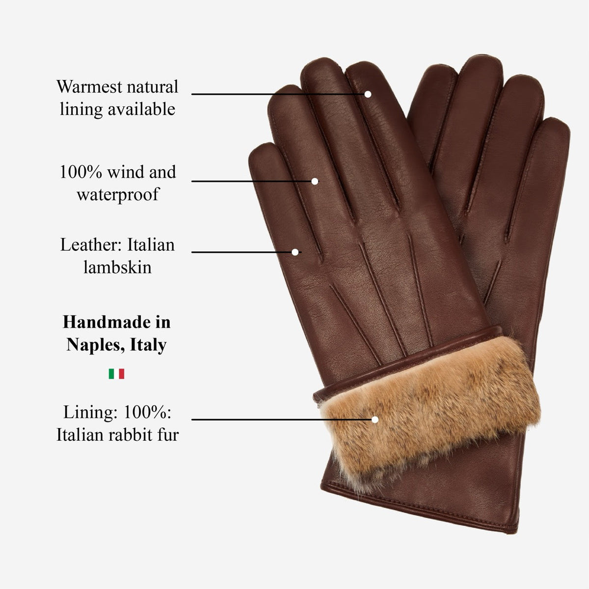 Francesca (brown) - Italian lambskin leather gloves with brown rabbit fur lining