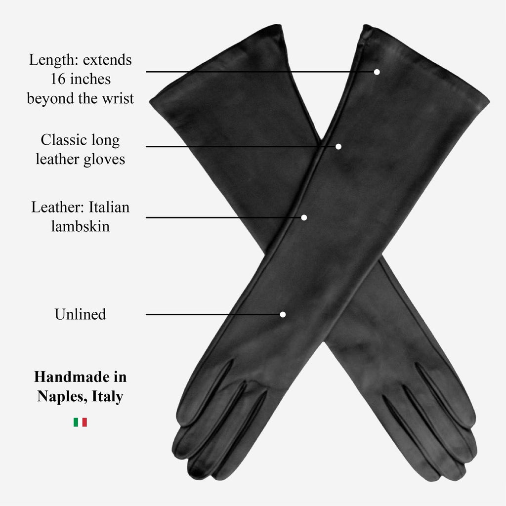 Lucia (black) - Italian unlined 16-button length leather opera gloves