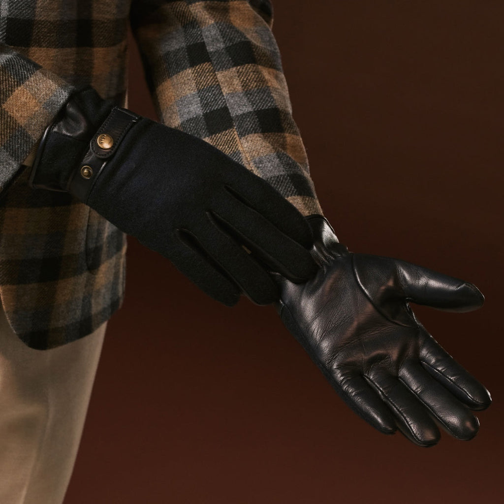 Fabrizio (navy blue) - Tweed men's gloves with touchscreen capability and adjustable snap button