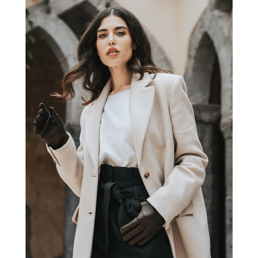 Francesca (brown) - Italian lambskin leather gloves with brown rabbit fur lining