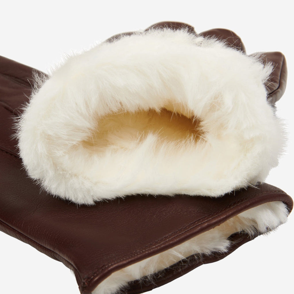 Francesca (brown) - Italian lambskin leather gloves with white rabbit fur lining