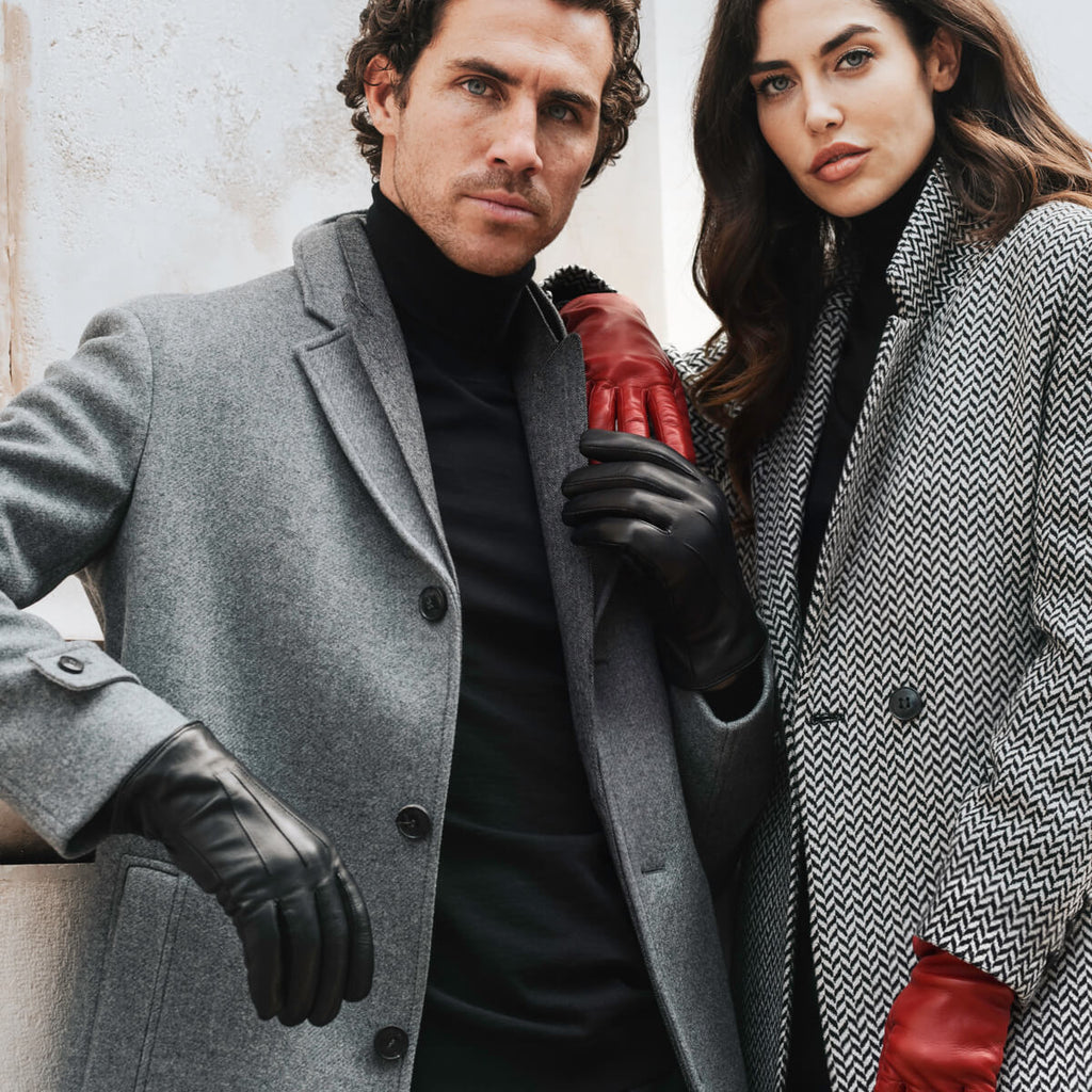 Marco (black) - Italian lambskin leather gloves with brown rabbit fur lining
