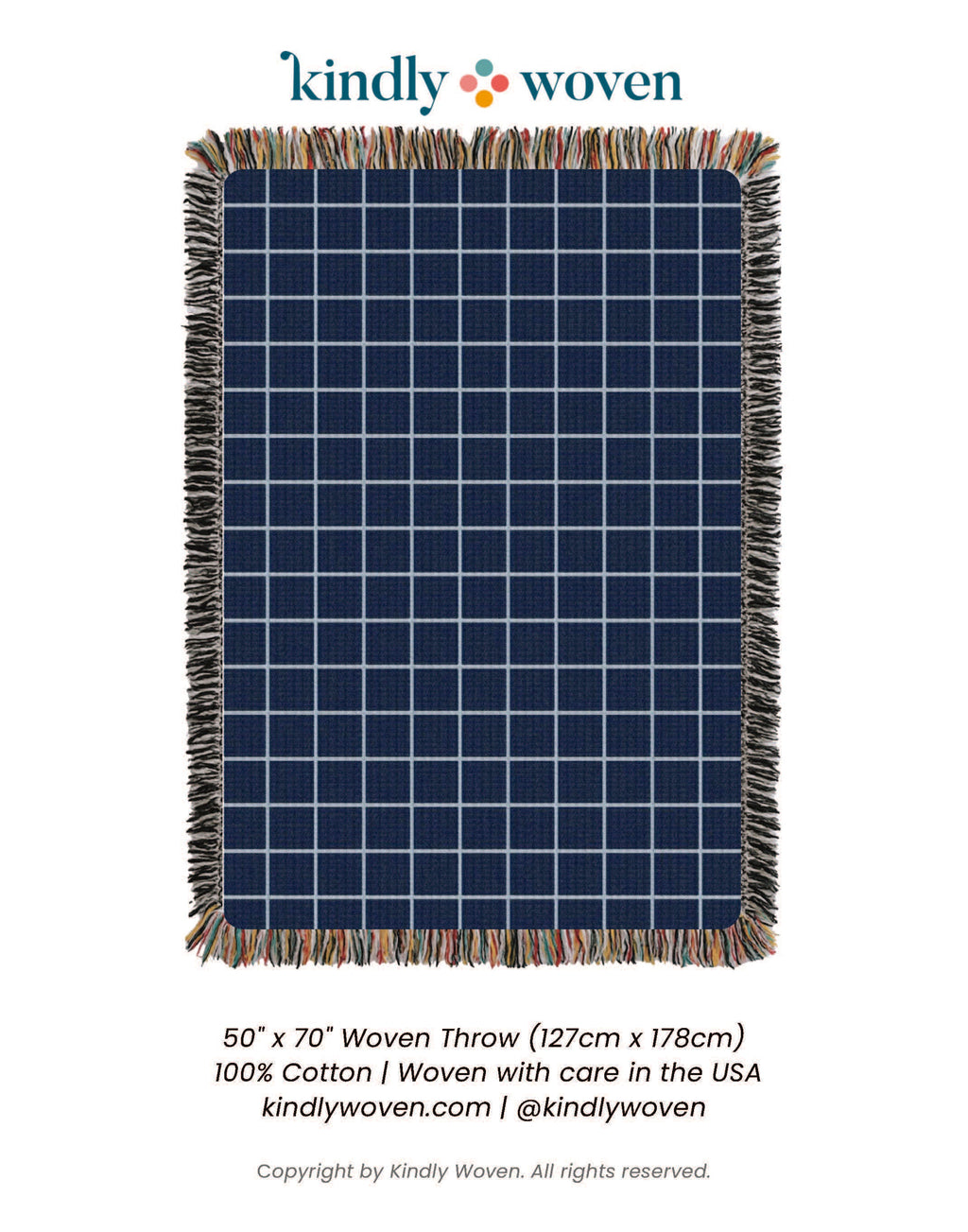 Blue Grid Jacquard Woven Throw Blanket, Reversible Cotton Throw, Made in USA | Greer Lapis