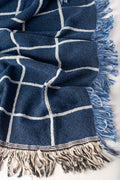 Blue Grid Jacquard Woven Throw Blanket, Reversible Cotton Throw, Made in USA | Greer Lapis
