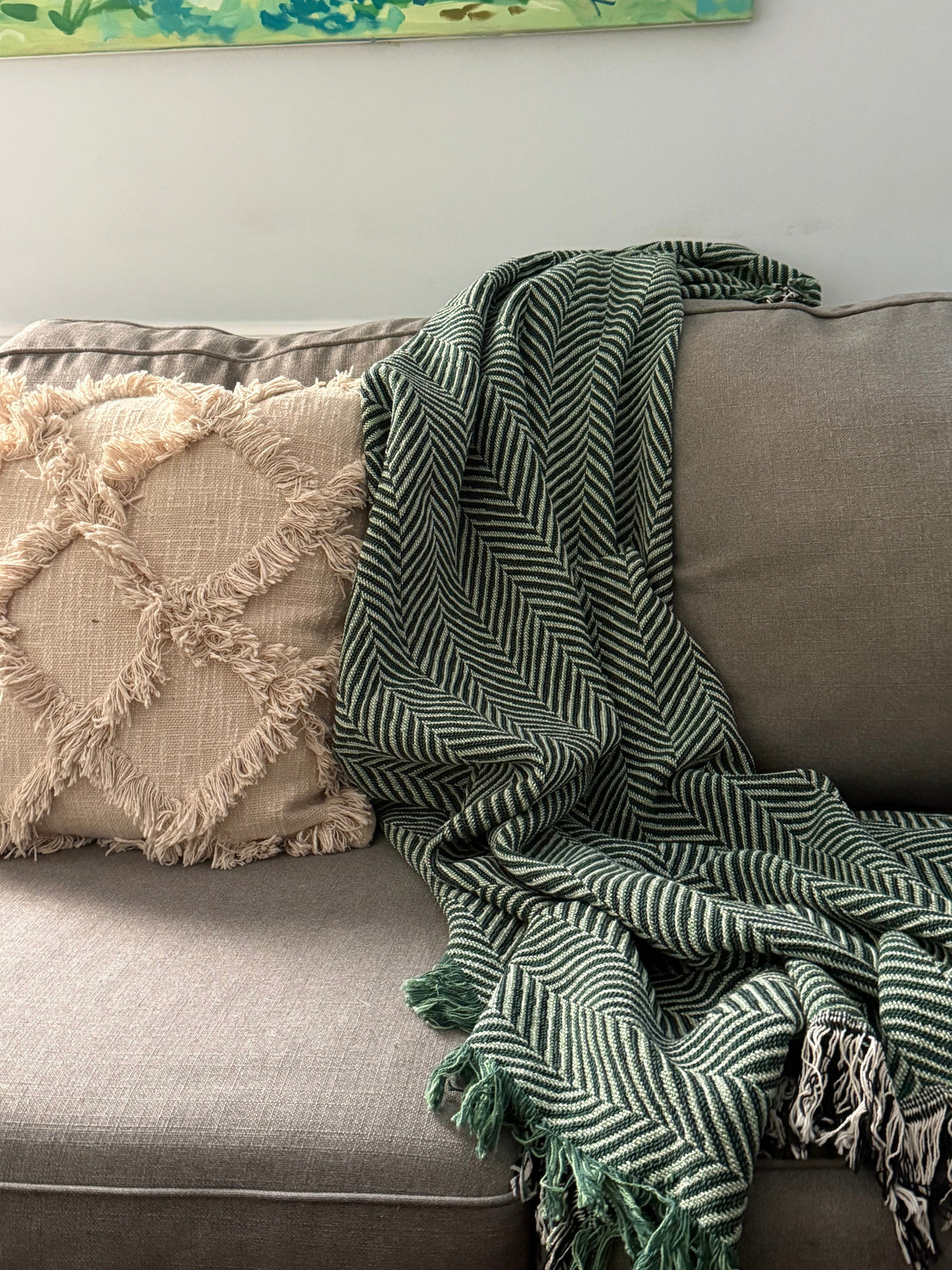 Neutral Herringbone Jacquard Woven Throw Blanket, Reversible Cotton Throw, Made in USA | Henry Stone