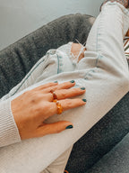 Raw Cognac Baltic Amber + 14K Gold Filled || Beaded Stretch Ring