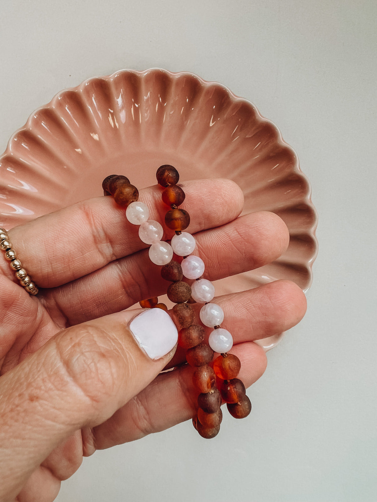 Raw Cognac Baltic Sea Amber + Rose Quartz || Adult Bracelet