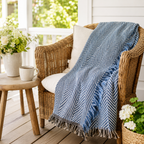 Blue Herringbone Jacquard Woven Throw Blanket, Reversible Cotton Throw, Made in USA | Henry Chambray