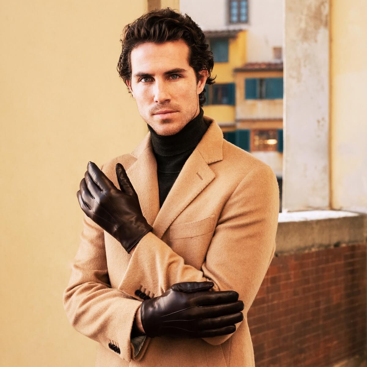 Marco (brown) - Italian lambskin leather gloves with brown rabbit fur lining