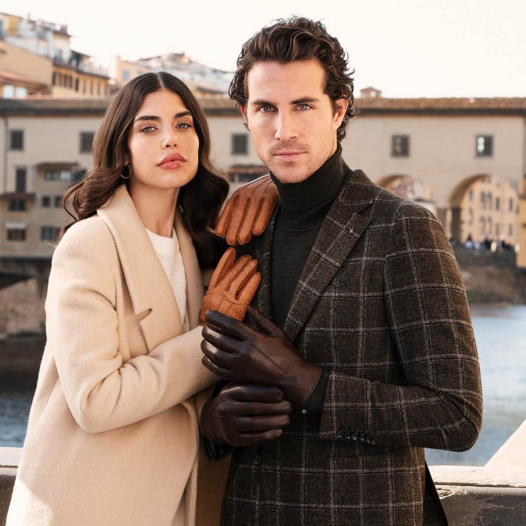 Marco (brown) - Italian lambskin leather gloves with brown rabbit fur lining