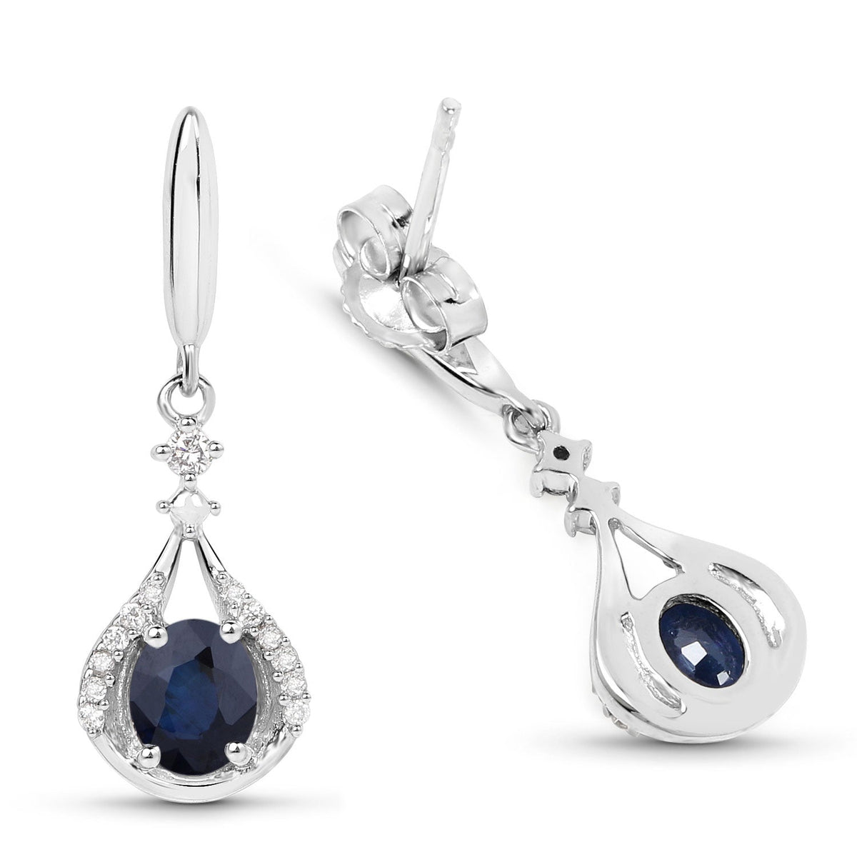 0.86 Carat Genuine Blue Sapphire and White Diamond 14K White Gold Earrings