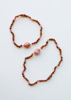 Cognac Baltic Sea Amber || Cherry + Rose Quartz || Necklace Set