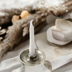 Vibhsa Taper Candlestick Holder Dish | Silver Finish, Leaf Handle, Handcrafted Aluminum