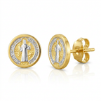 14k Two Tone Gold Round Religious Medallion Post Earrings