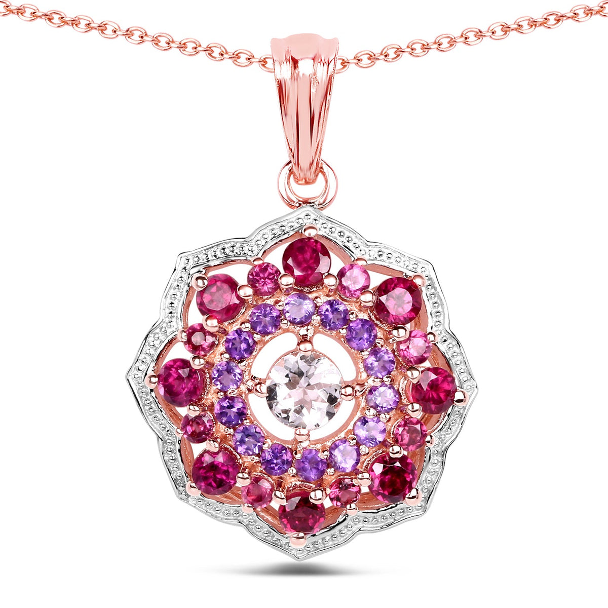 14K Rose Gold Plated 2.30 Carat Genuine Morganite, Rhodolite & Amethyst .925 Sterling Silver Pendant