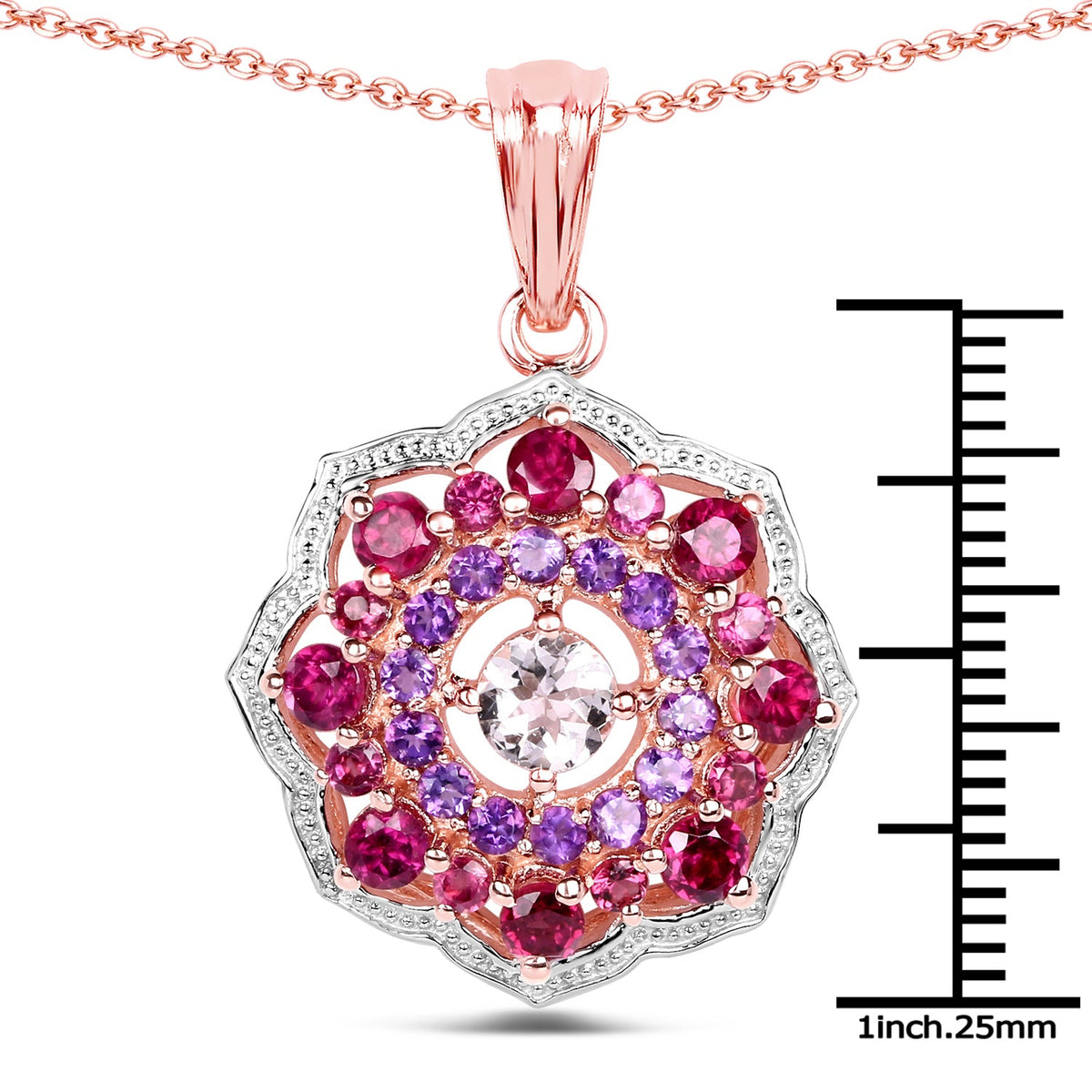 14K Rose Gold Plated 2.30 Carat Genuine Morganite, Rhodolite & Amethyst .925 Sterling Silver Pendant