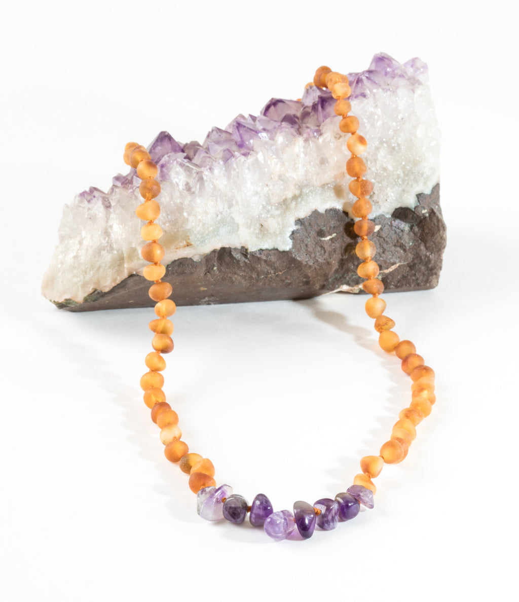 Raw Honey Baltic Amber + Raw Amethyst || Necklace